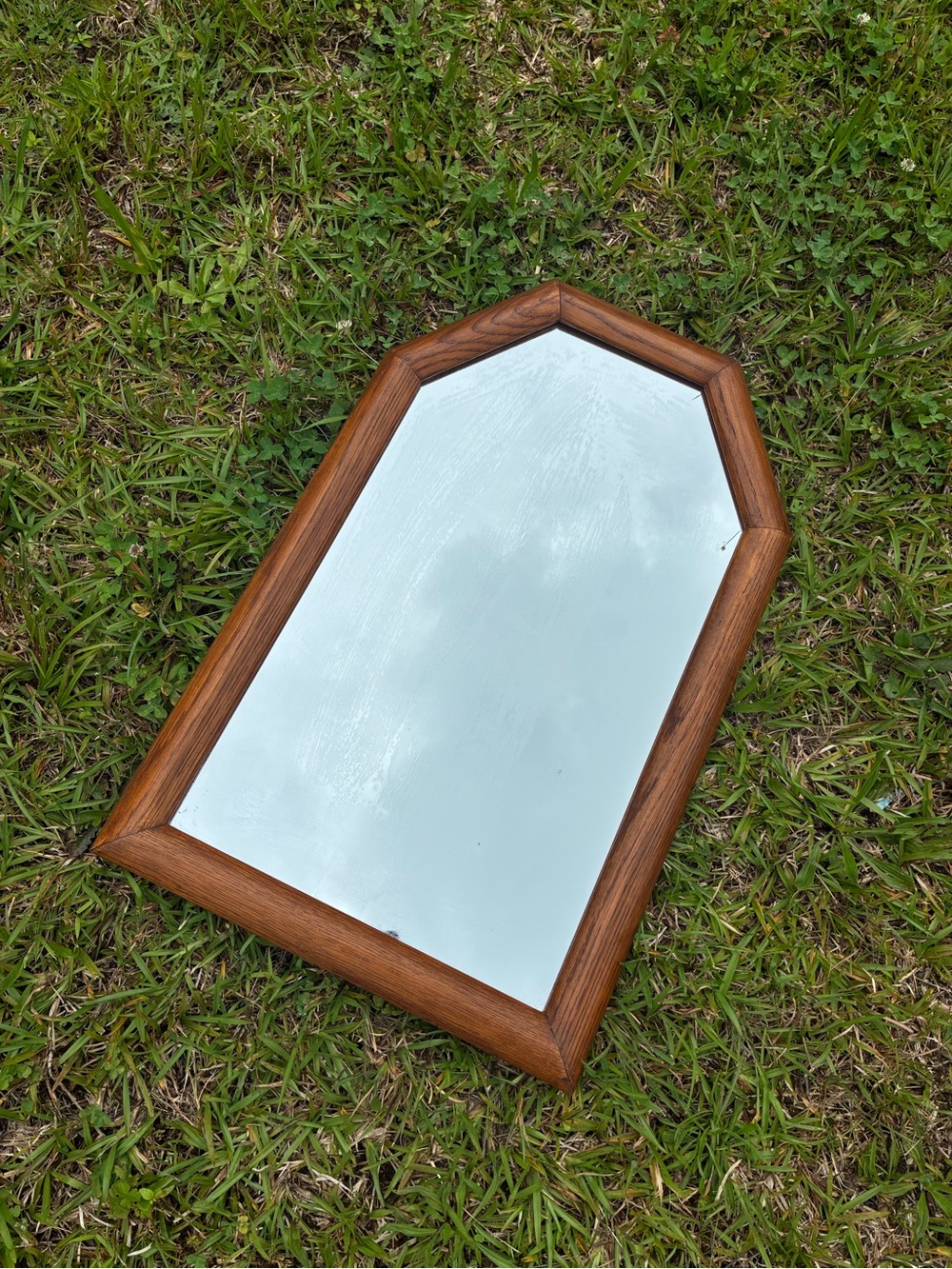Vintage Wood Framed Wall Mirror | Geometric Arch Shape | 27” x 17.5”